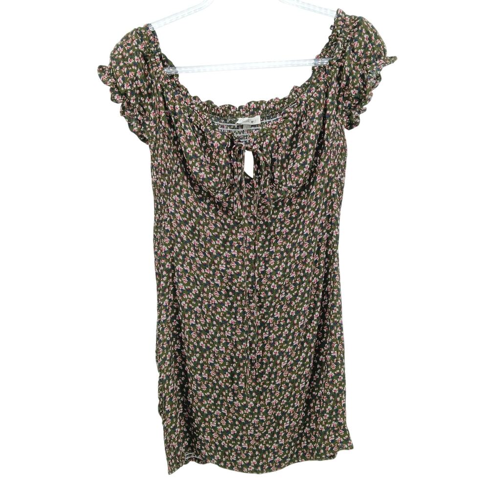 Blush J Olive Green Flaral Ribbed Mini Dress Womens LG Milkmaid Cottage Stretch